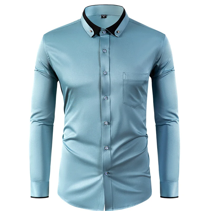 

4XL Stand Up Collar Long Sleeve Shirt for Men Social Camisa Anti-wrinkle Pockets with Diamond Button Down White Shirt Black Blue