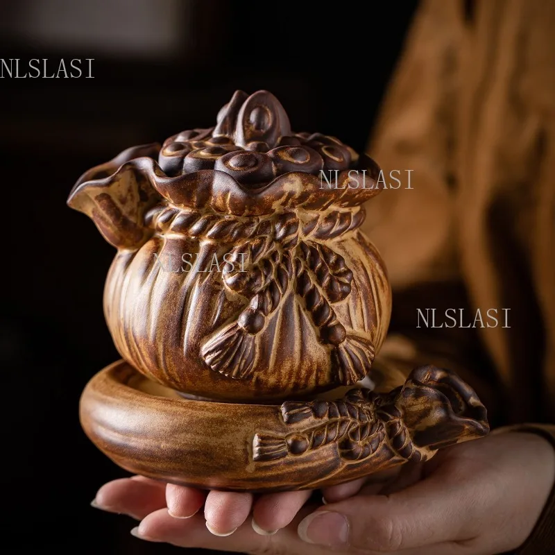Lucky Fortune Bag Design Ceramic Teapot with 2 Cups and Base Vintage Glaze Gongfu Teaware Set for Home Decor and Gift