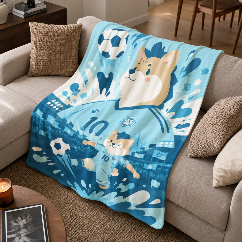 Adorable Puppy Dog Soccer Pattern Throw Blanket for Sofa Couch Home Decor Blue Sports Football Lover Gift Cute Plush Fuzzy Blank