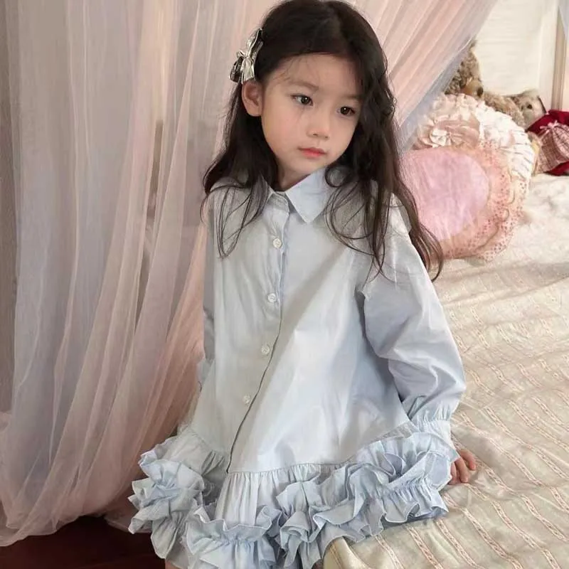 Autumn Girls' Dress Long Sleeved Shirt Collar Patchwork Dress Cake Skirt 2024 Spring Fashion New Children Clothing Kids Outfit