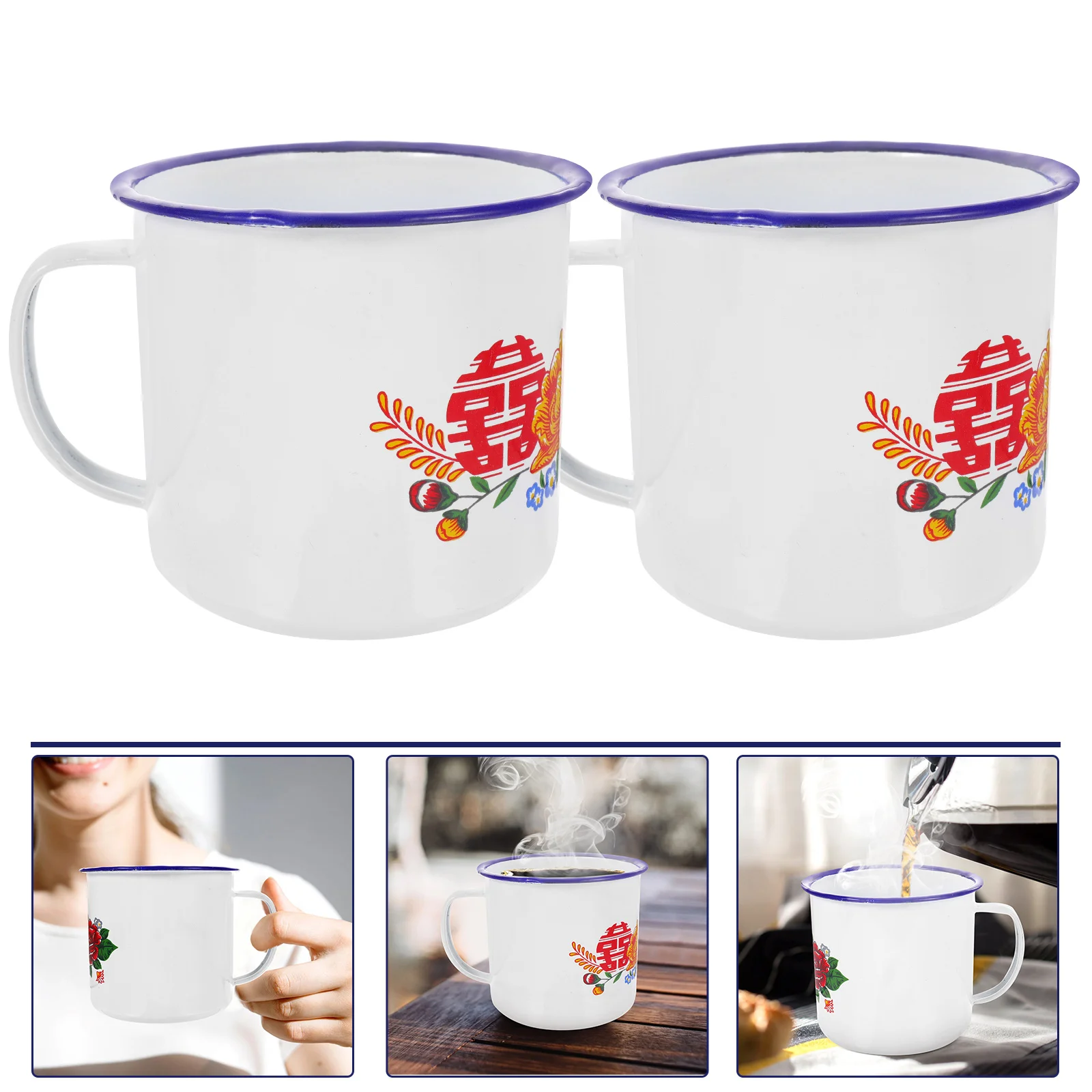 

2 Pcs Tea Cup with Lid Red Enamel Mug Retro Milk Drinking Party Use Travel Glasses