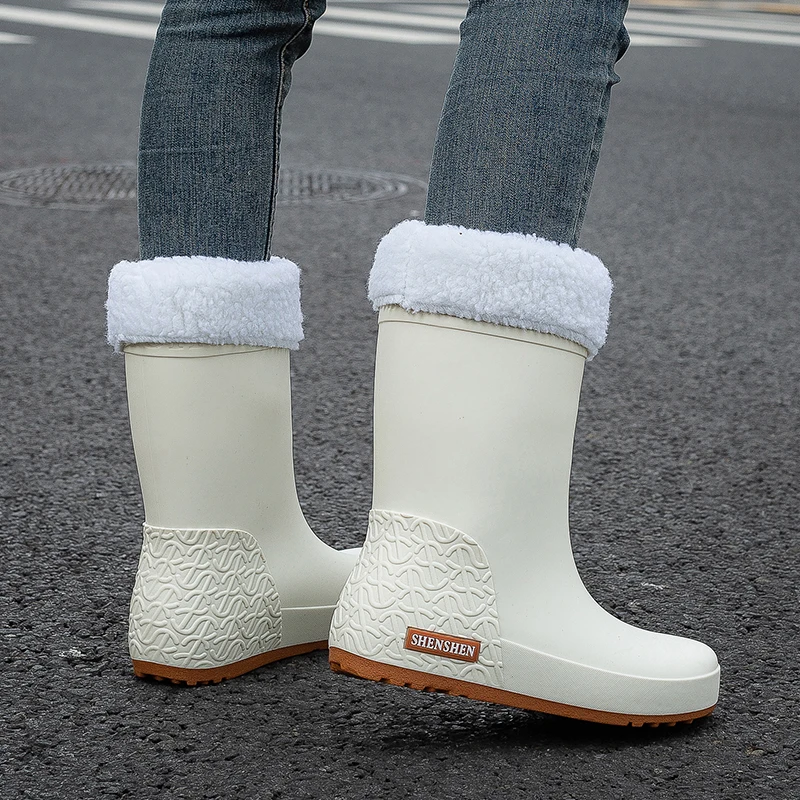 Women's winter warm snow boots, fashionable rainy day outdoor cotton rubber shoes adult waterproof anti-slip rain boots mid-tube