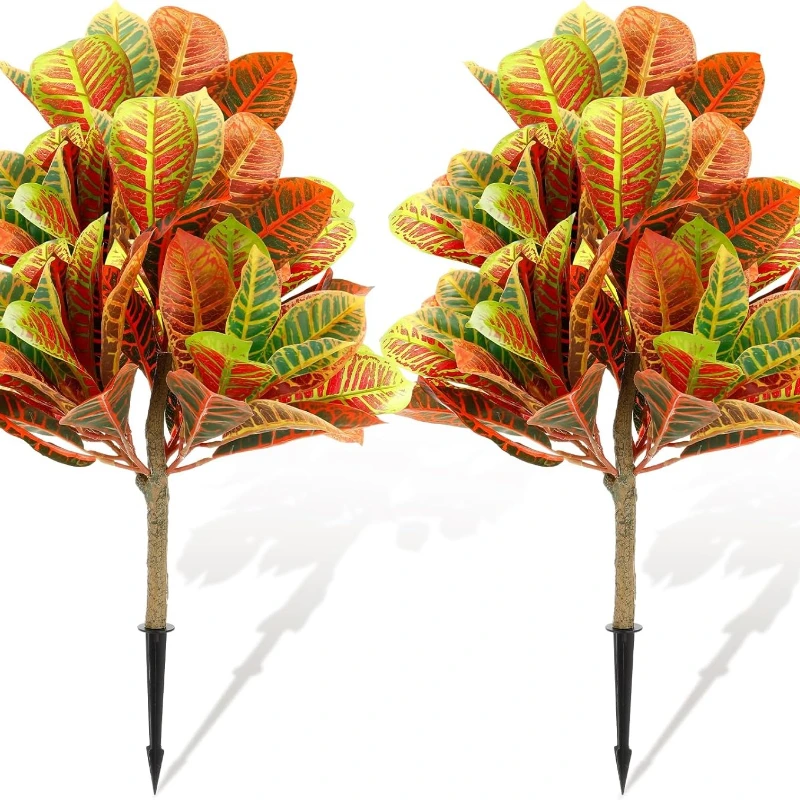 

2 Pack Artificial Croton Plant with Ground Spike 24in Faux Fiddle Leaf Fig Tree Artificial Plants Outdoors Front Porch for Home