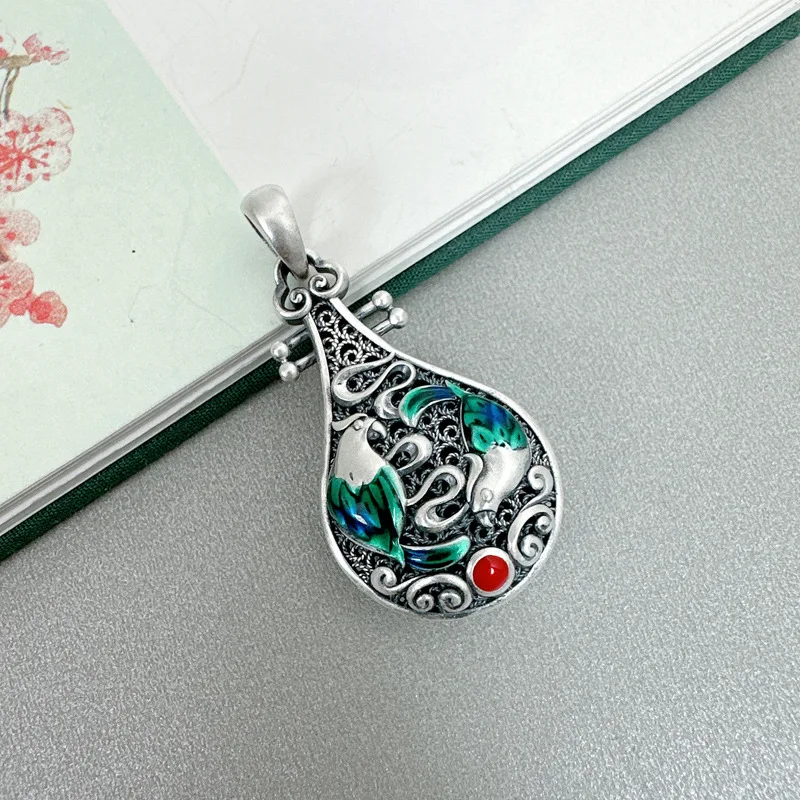 

Langyan 990 Pure Silver Chinese Lute Shape Pendant Ethnic Vintage Enamel Colorful Filigree Craft Double-sided Pendants for Women