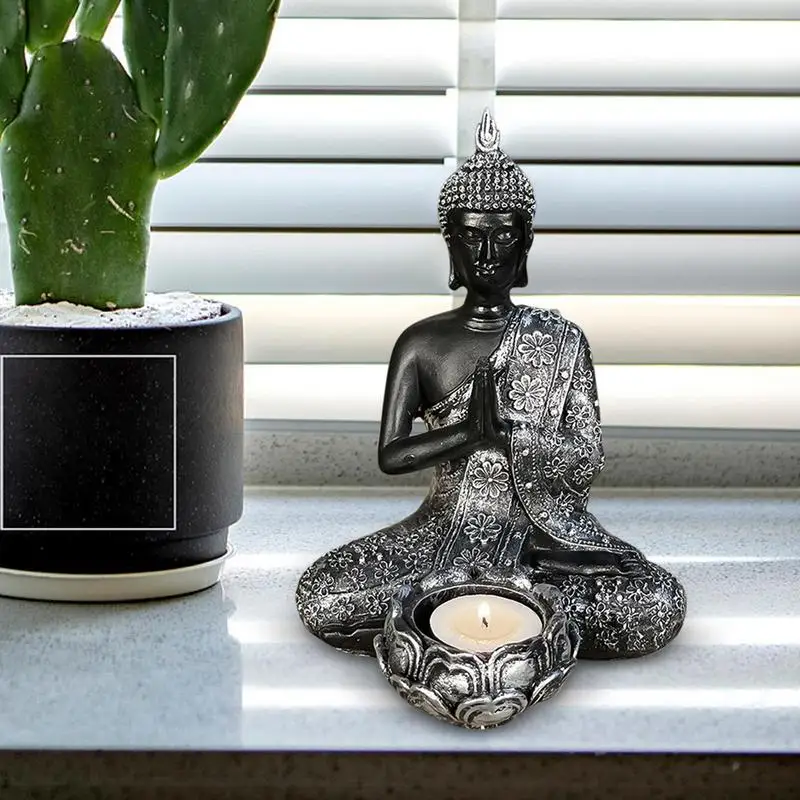 

Buddha Candle Holder Retro Resin Statue for Desk Elegant Tea Light Holder Decorative Sculpture for Meditation Yoga Room Living