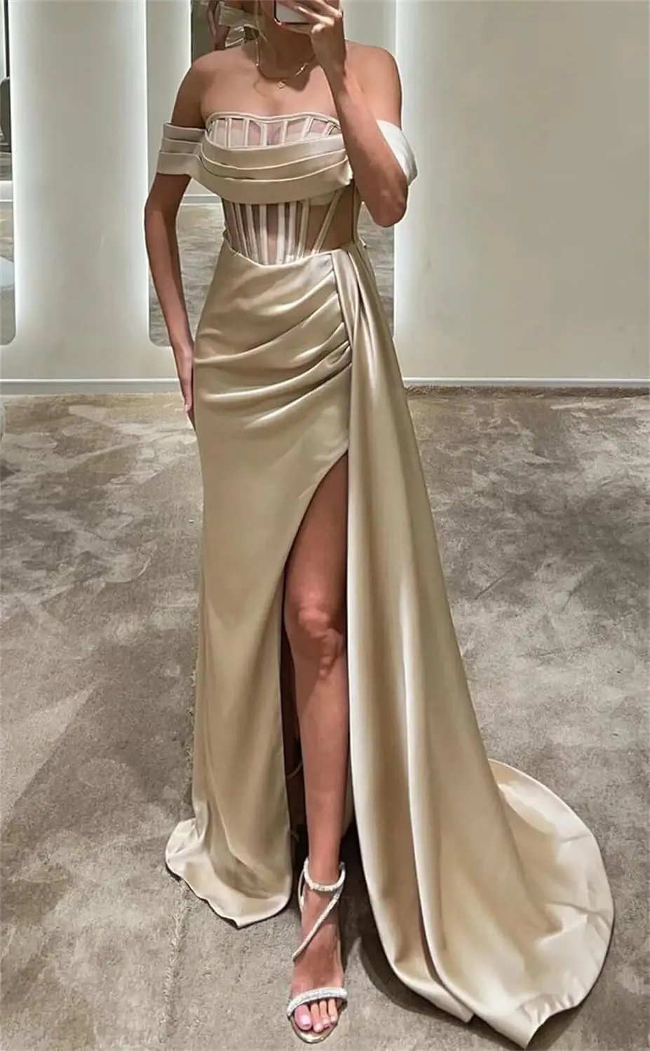 

Off The Shoulder Mermaid Prom Dress with Slit Satin Formal Evening Gown