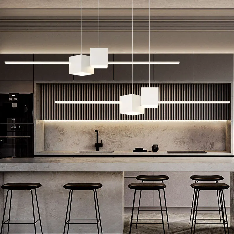 

Minimalist LED Chandeliers Lighting Fixtures For Living Room Kitchen Dining Room 100cm White Black Aluminum Strip Pendant Light