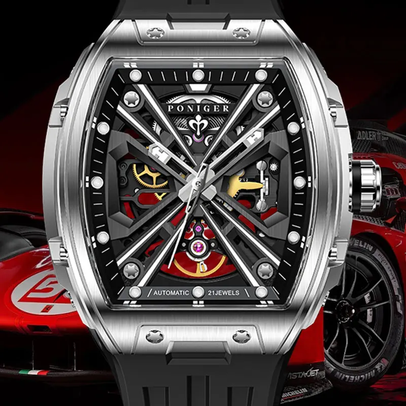 

PONIGER Automatic Men's Watch Tonneau Shaped Case Skeleton Design Super Luminous Men's Watch Stainless Steel Waterproof Clock