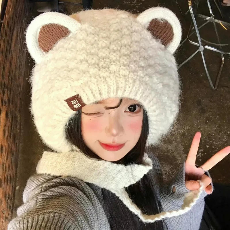 Y2K Cute Bear Ears Knit Earflap Beanies for Women Winter Warm Thick Lined Knitted Coldproof Pullover Hats with Tie Strings