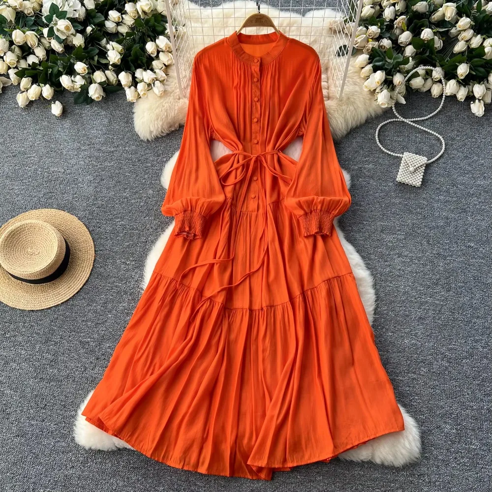 Retro Single Breasted loose Elegant Dress A-line o Neck lool sleeve Beach Vacation Dress Women Korean Fashion Summer Vestidos