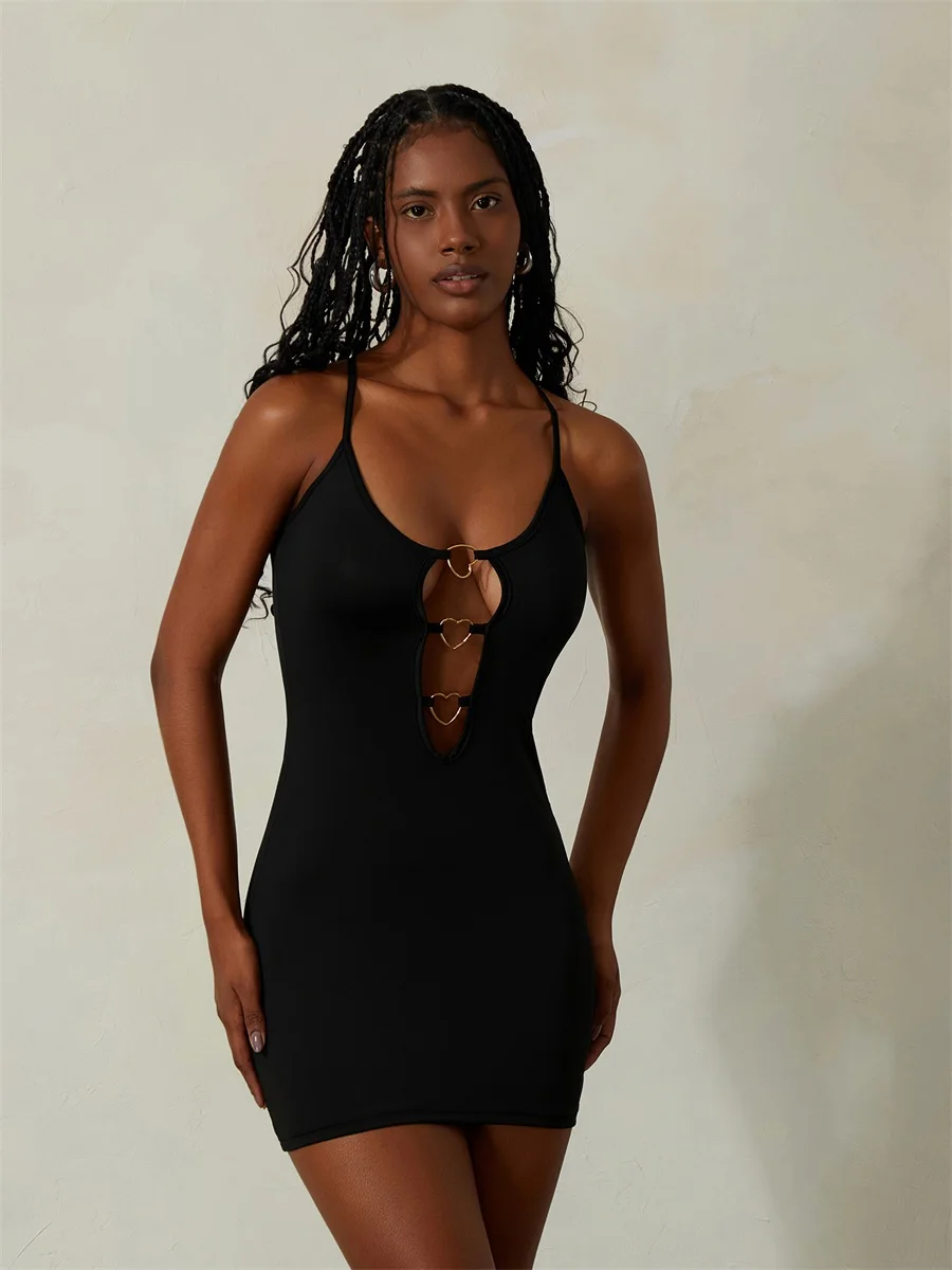 Nova moda feminina vestido de alça espaguete cor sólida coração anel de metal recorte elegante sem mangas sem costas bodycon vestido s m l