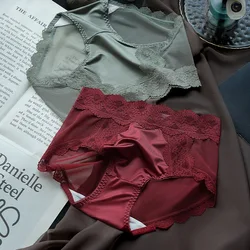 Women Satin Mesh Sexy Lace Panties Middle Waist Transparent Breathable Underwear Smooth Luxury Elegant Thin Breifs