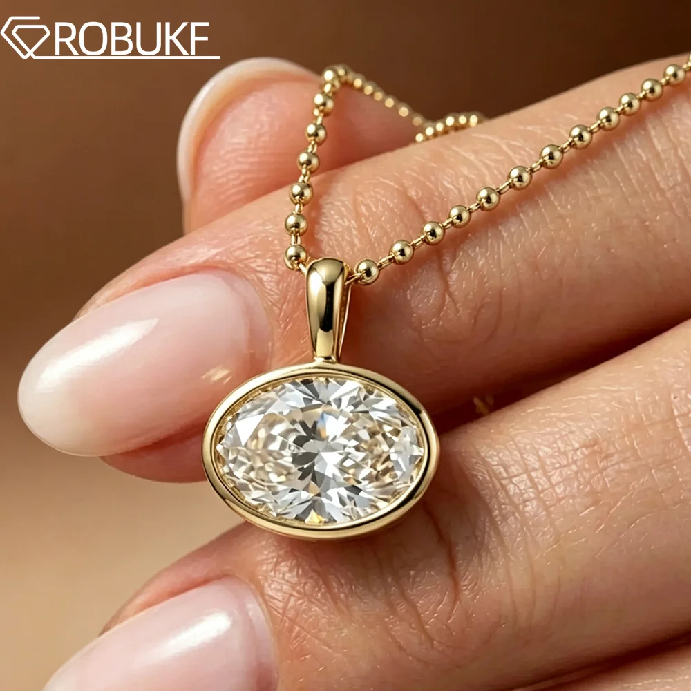 GRA Certified 2/3/4ct East West Oval Cut Moissanite Pendant Necklace for Women Bezel Set Solitaire Diamond 925 Silver Bead Chain
