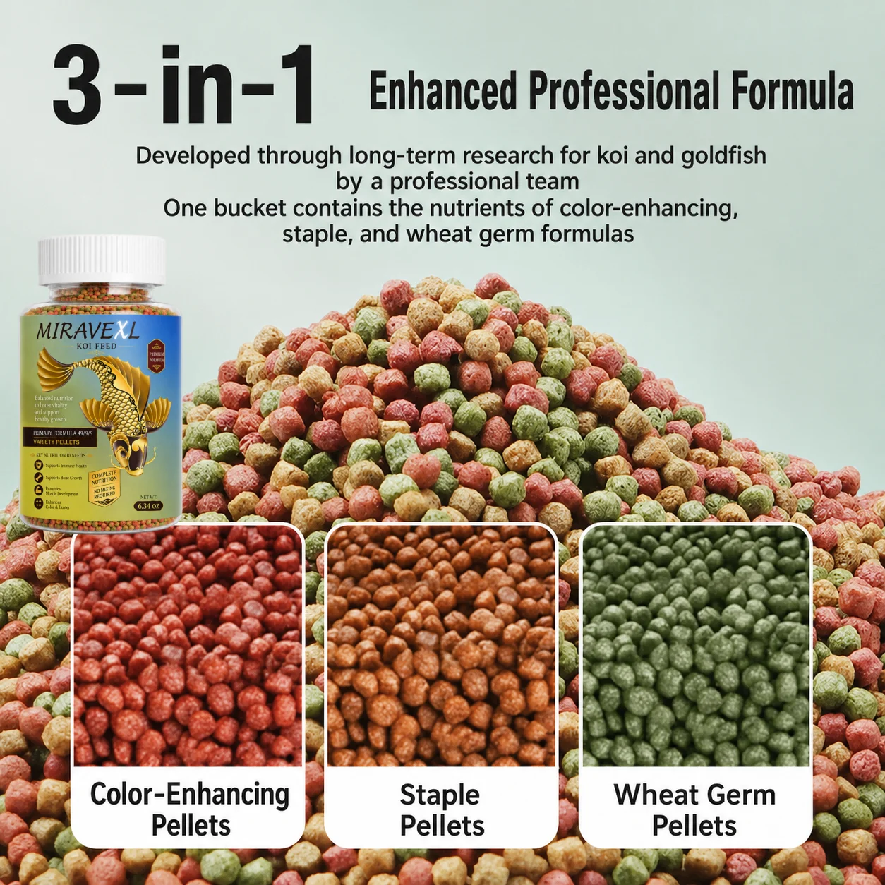 Koi Fish Food Pellets 180g, Floating Pond Feed for Koi and Goldfish, Color Enhancing Daily Nutrition, Small Pellets with Scoop