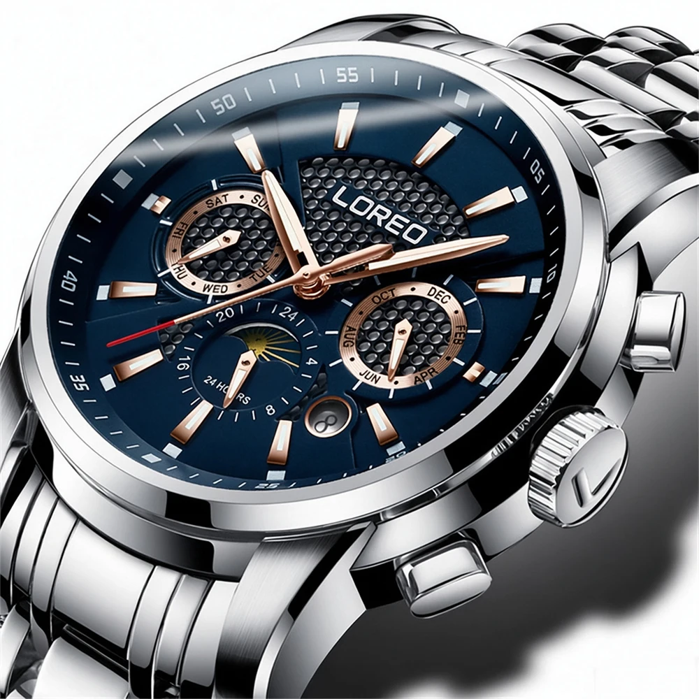 LOREO Men's Watch Luxury Automatic Mechanical Wristwatch Multi-Function Moon Phase Luminous Waterproof Sport Watch Relogio