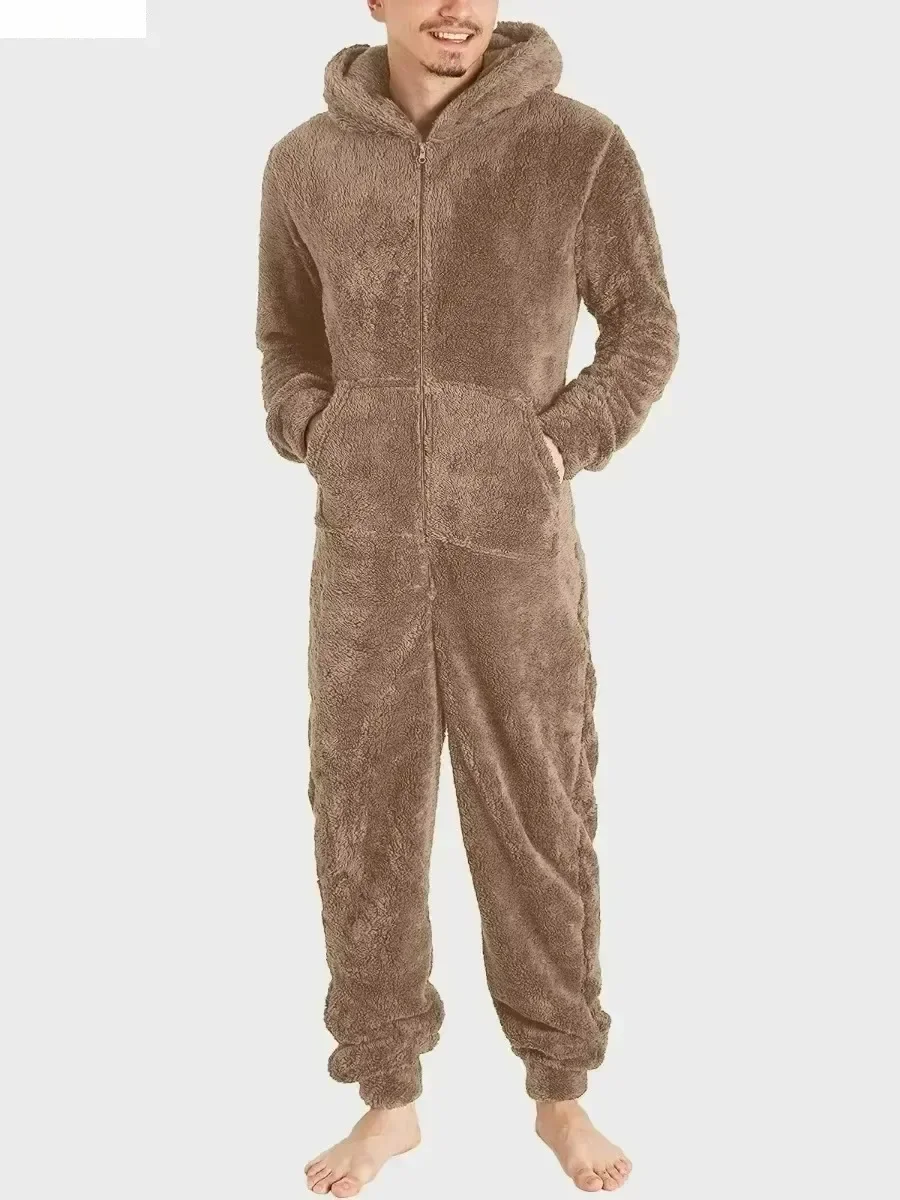 Men's Winter Warm Sets Lambwool Pajamas Sets Men Woolen Solid Zipper One Piece Casual Long Sleeve Hooded Long Jumpsuit 5XL