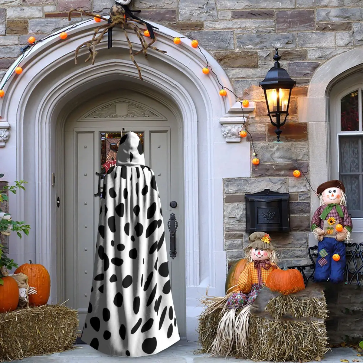 الدلماسية الحيوان طباعة نمط طويل مقنعين عباءة الساحرة القرون الوسطى زي تأثيري كيب هالوين معطف الكبار للجنسين