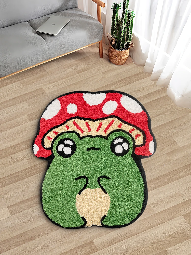 Cute Green Frog Mushroom Tufted Rug for Bedroom Aesthetic Kawaii Mushroom Frog with Hat Bath Mat Soft Fluffy Area Rug Home Decor