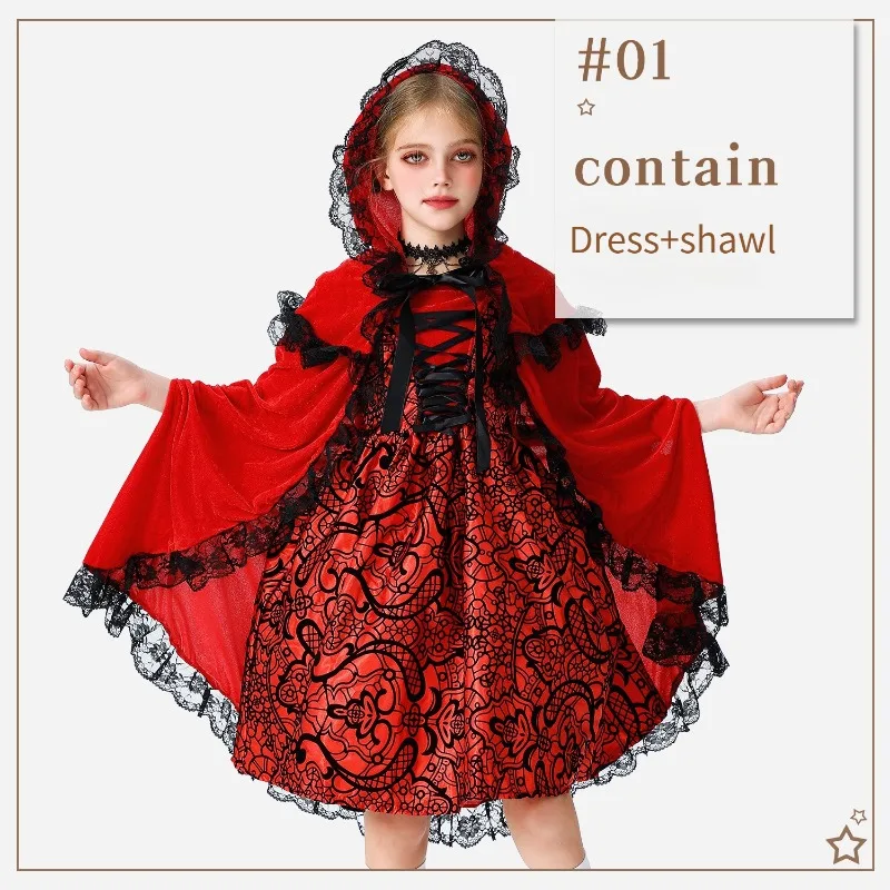 أزياء الهالوين للأطفال لعيد الميلاد ذات الرداء الأحمر الصغير وعباءة شال على الطراز الريفي للفتيات أزياء سندريلا التأثيرية