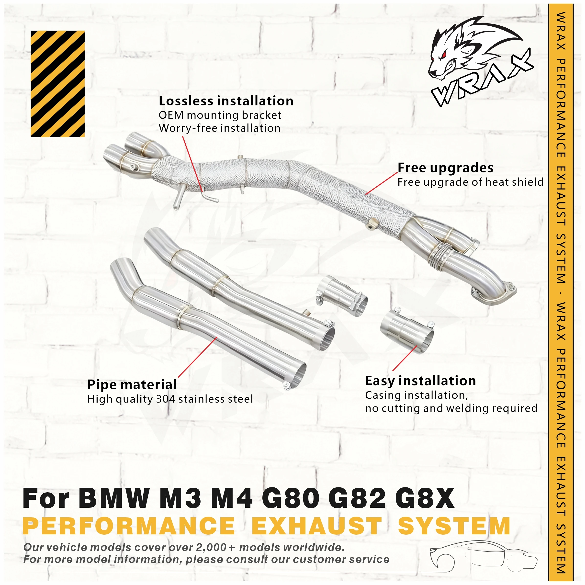 

Выхлоп WRAX Performance для BMW M3 M4 G80 G82 G8X SS304 Средняя труба с теплозащитным экраном, установка без потерь