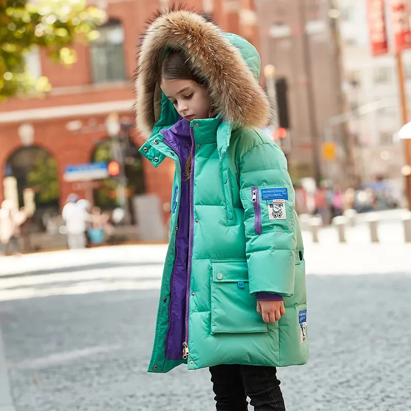 Teens Clothing Winter Med-length Coat with Large Fur Collar Fashion Down Jacket Hooded Top Kid Clothes for Girls Snowsuit 4-12 Y