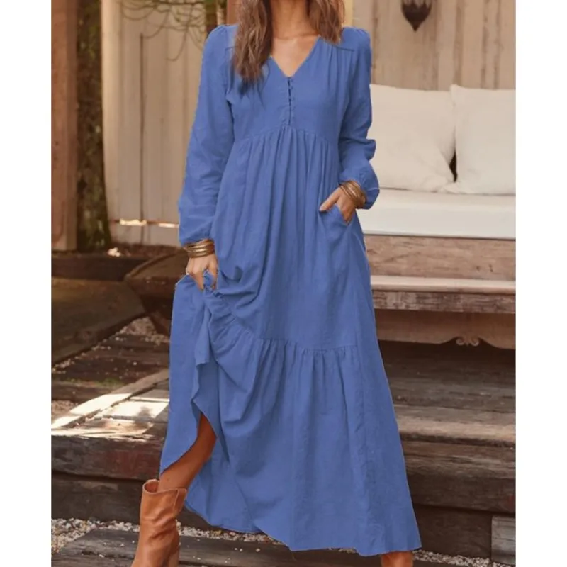 

England Style Long Dresses Women Spring Autumn V-neck Buttons High Waist Loose Casual A-line Ruffles Vintage Dress Vestidos