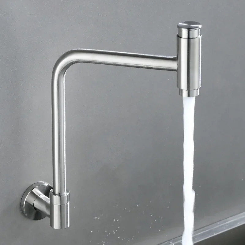 

Wall Mounted Black Kitchen Faucet Only Cold Water Sink Faucet 360 Degree Swivel Outdoor Balcony Tap Torneira Push Button Switch