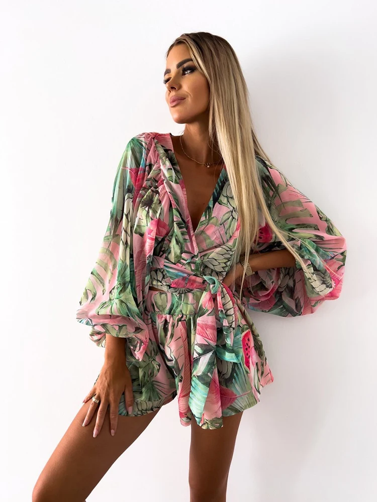 Sexy Deep V Neck Jumpsuit For Women Summer Casual Boho Beach Vacation Outfit Fashion Print Lantern Sleeve Rompers Shorts Women\'s