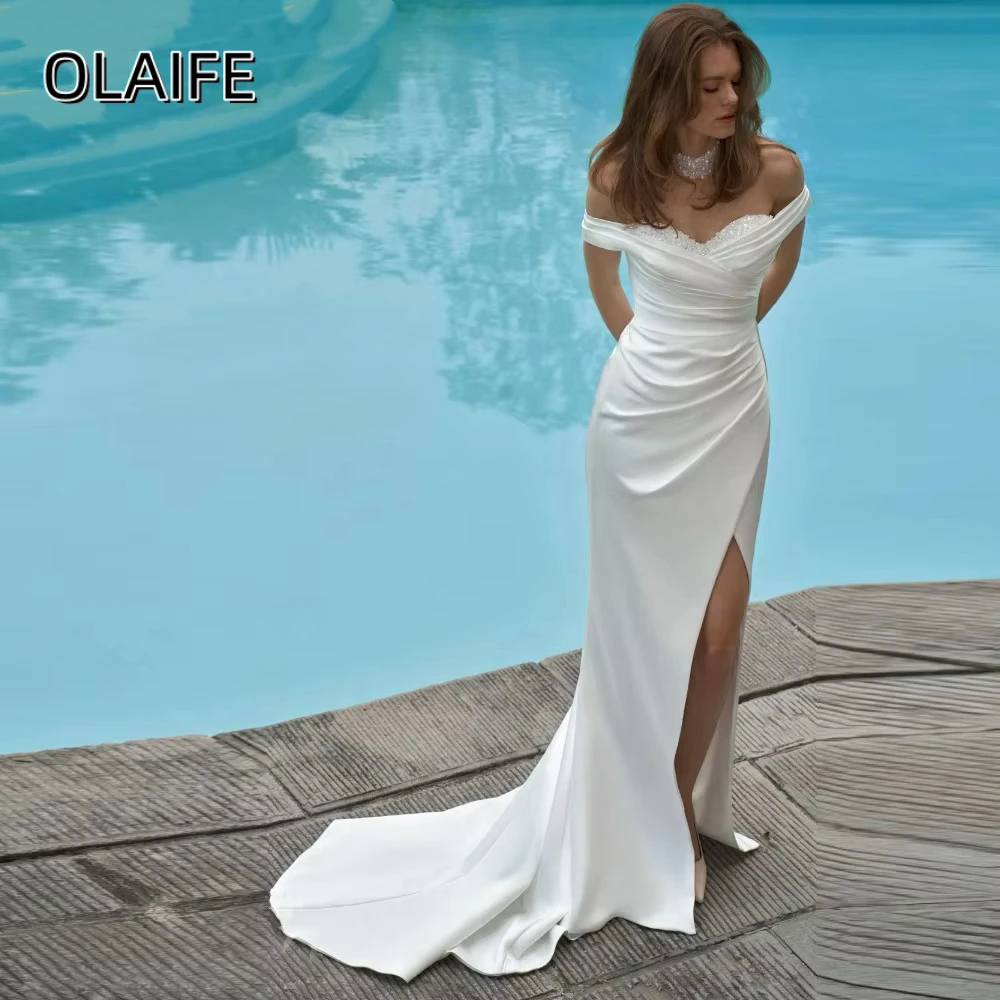 

Modern Satin Wedding Gown High Slit Beaded Sleeveless Off-the-shoulder Zipper Mermaid Vestidos De Novia Customized
