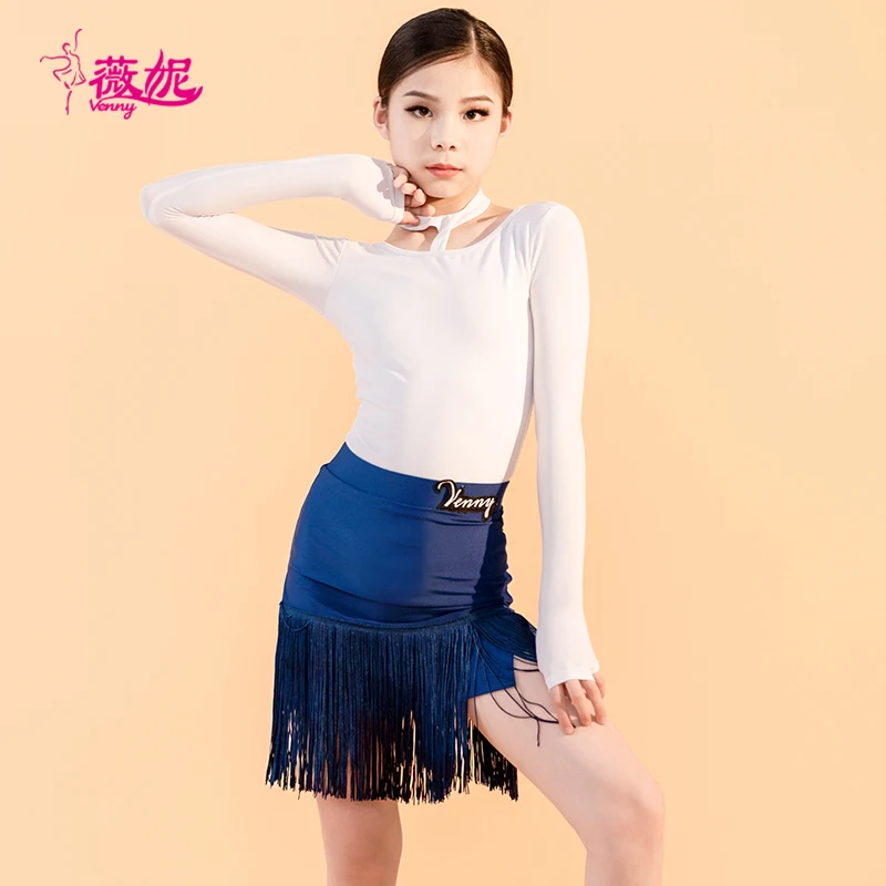 베니 라틴 댄스 드레스 여아용 긴팔 홀터넥 투피스 세트 프린지 장식 트렌디 연습복 댄스 공연 의상