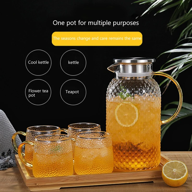 2X Water Jug, 1.9L Glass Jug, Water Jug For Fridge, Jug With Lid, Heat Resistant Pitcher, Glass Water Jug