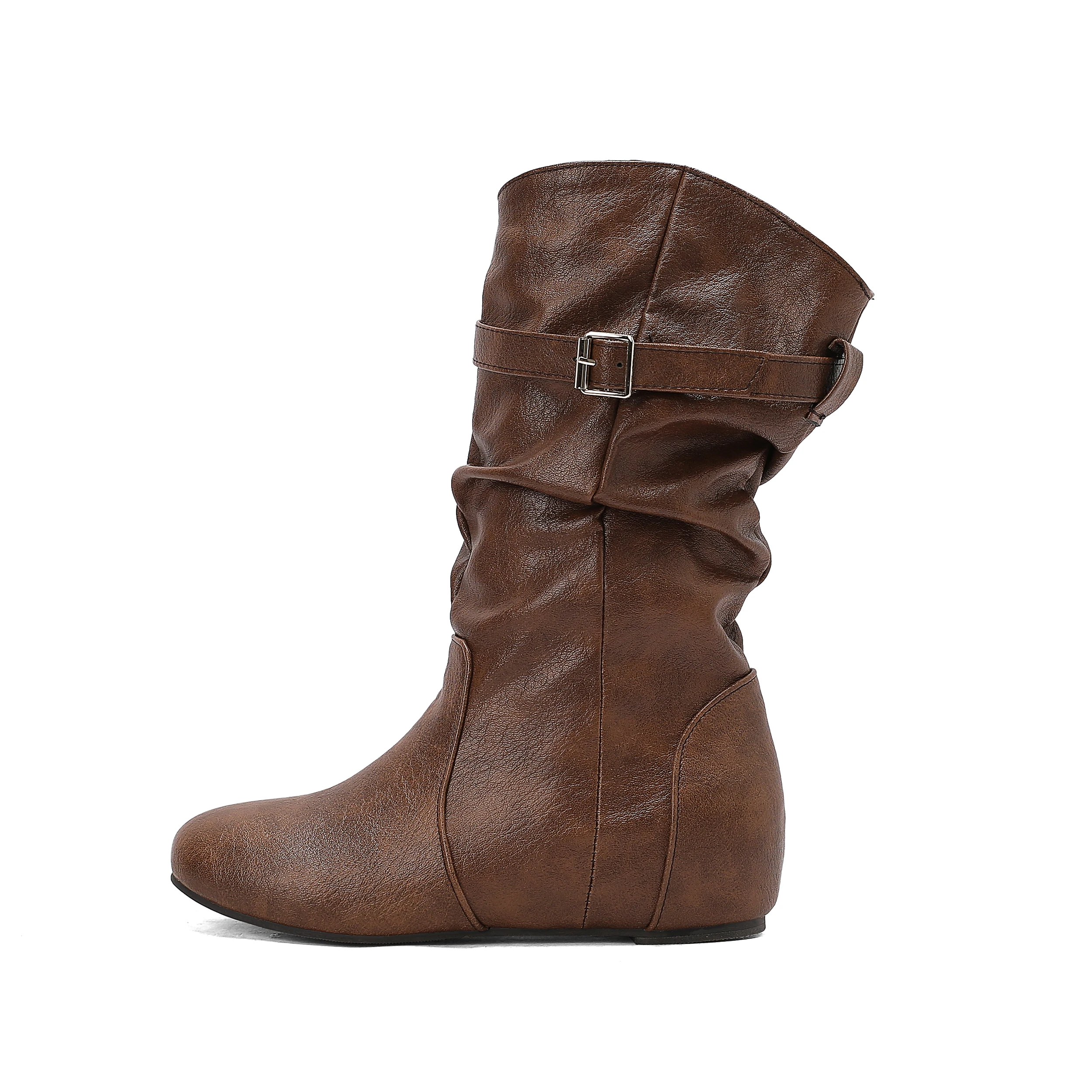 Women Mid-Calf Boots PU Pleated Boots Female Round Toe Shoes Concise Height Increasing Flat Shoes Autumn Winter Size 34-50