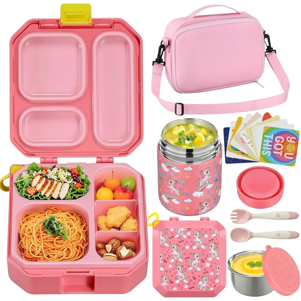 

Набор для бенто-ланча с термосом для супа 12 унций, герметичными контейнерами для еды, 5 отделениями, стаканчиком для соуса, 10 контейнерами для закусок (розовый)