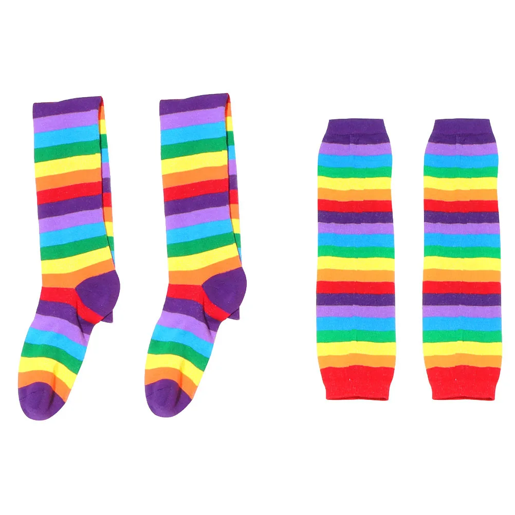 

2pcs Rainbow Strips Gloves Socks Set Thigh High Warm Stockings For Women Girls Party Costume Dance Bachelorette Halloween