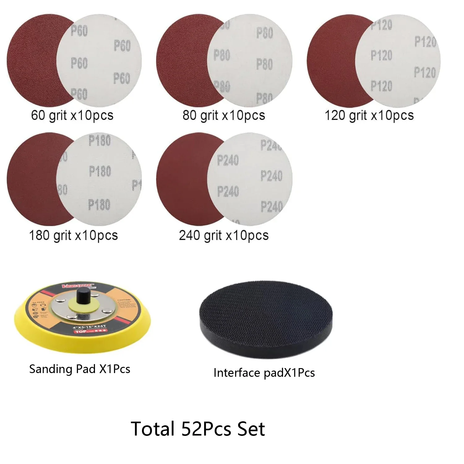4Inch 100MM Sanding Discs Kit 52 Pcs 60-240 Grit Sandpaper with Cushion Pads and Backing Pad Polishing Attachments for Wood
