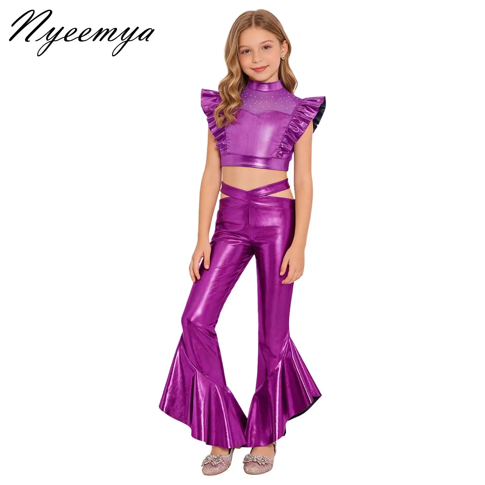 

Kids Girls Dance Set Sleeveless Crop Top Vest And Bell Bottom Pants Disco Dance Costume for Belly Dance Performance Competition