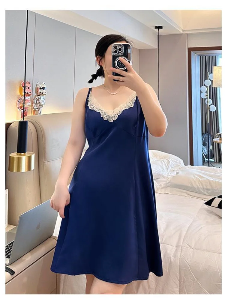 150kg Plus Size Thin Lace Splicing Nightdress Women Loose Belly Cover Sexy Halter Pajamas Oversize Knee Length Loungewear 3XL