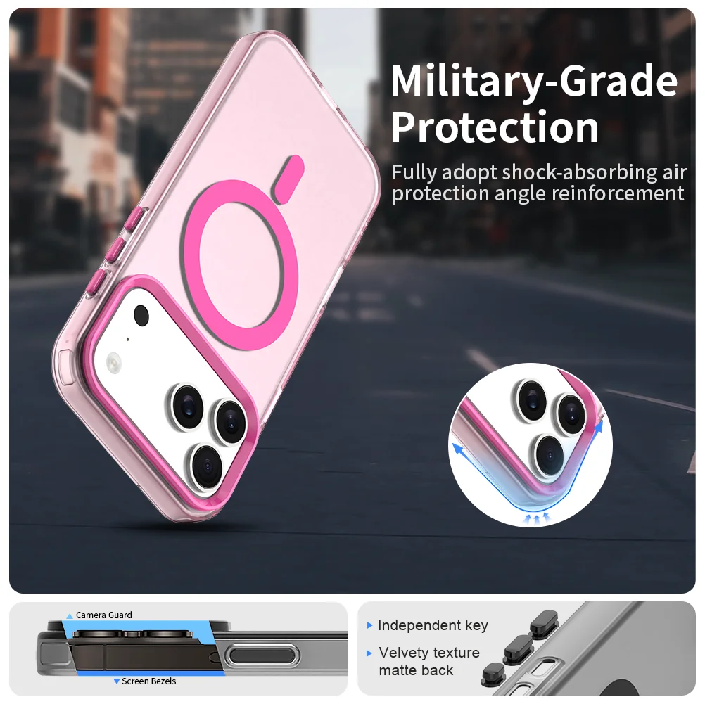 Matte, transparente Schutzhülle für kabelloses Laden mit MagSafe, passend für iPhone 13, 14, 15, 16, 17, 18 Pro Max, Air Plus, stoßfest, in Bonbonfarben. – Detail 2