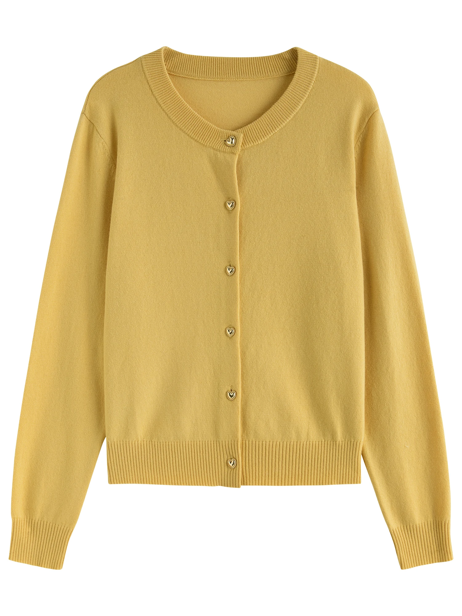 DUSHU 31.5% Wool Women Short Yellow Cardigan Sweaters Round Neck Front Shoulder Knitted Sweater Office Lady Coat Tops 24DS84637