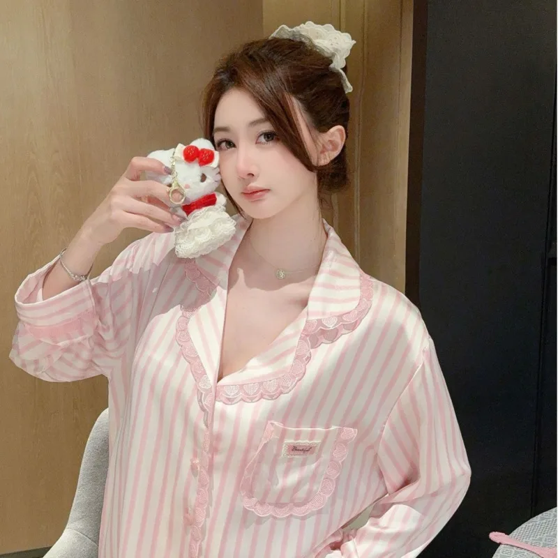2025 Spring Autumn Fashion Pink Blue Satin Stripe Ice Silk Long Sleeve Pants Pajamas Two Piece Set Lace Side Nightgown Sleepwear