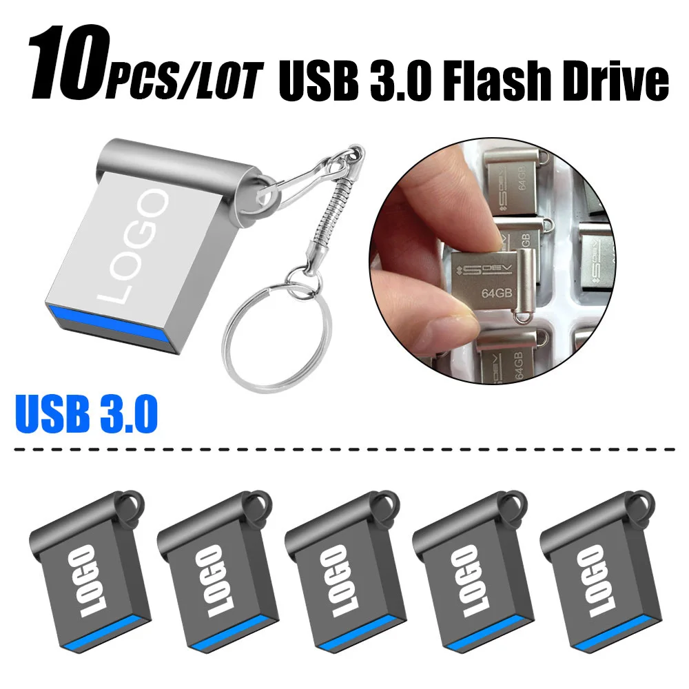 10pcs/lot 3.0 USB Flash Drive 64GB Pendrive flash disk 128G Waterproof Metal Memory Stick16GB8GB Free Logo Gift Mini U Disk Key