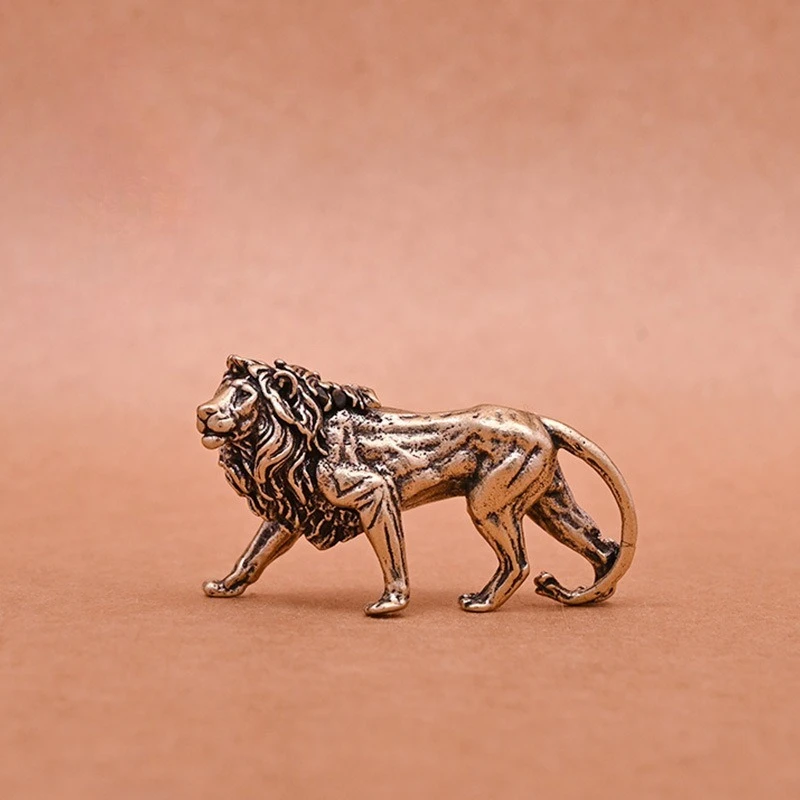1 PC Brass Craft Solid Brass Lion Figurine Desk Ornament Unique Mini Male Lion Animal Bronze Sculpture Home Decoration Accessory