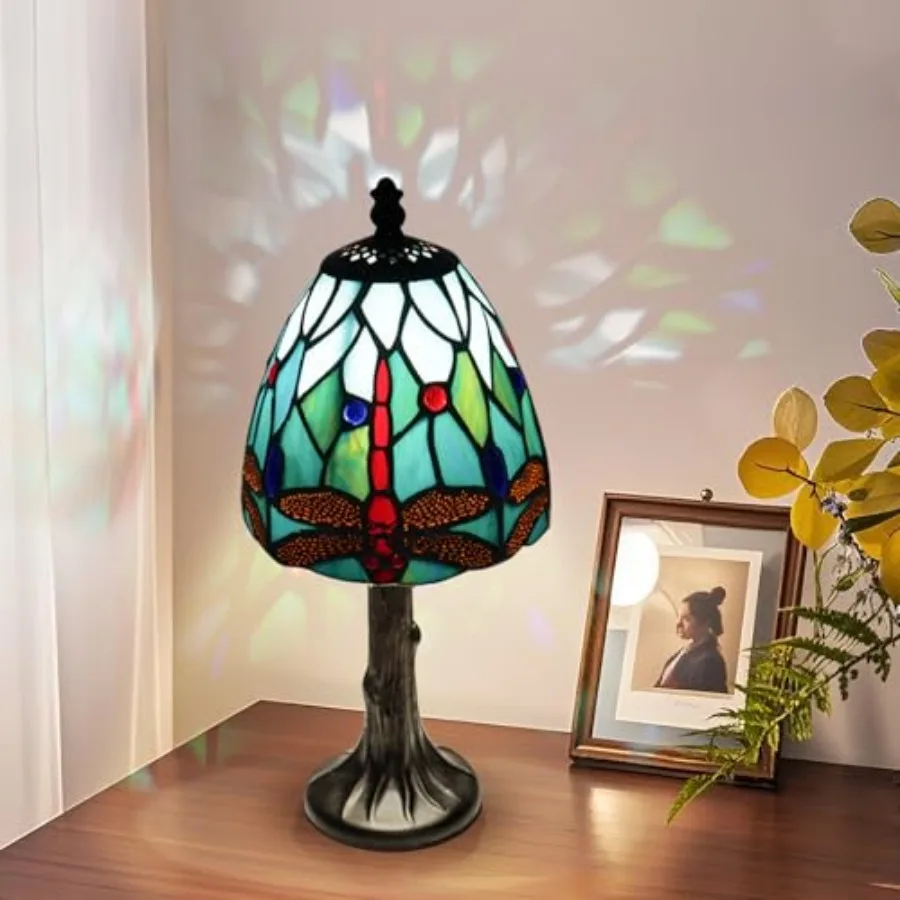 

Dragonfly Stained Glass Mini Table Lamp, Handmade Tiffany Style Desk Light with LED Bulb, Easy Assembly, Heavy Stable Base for