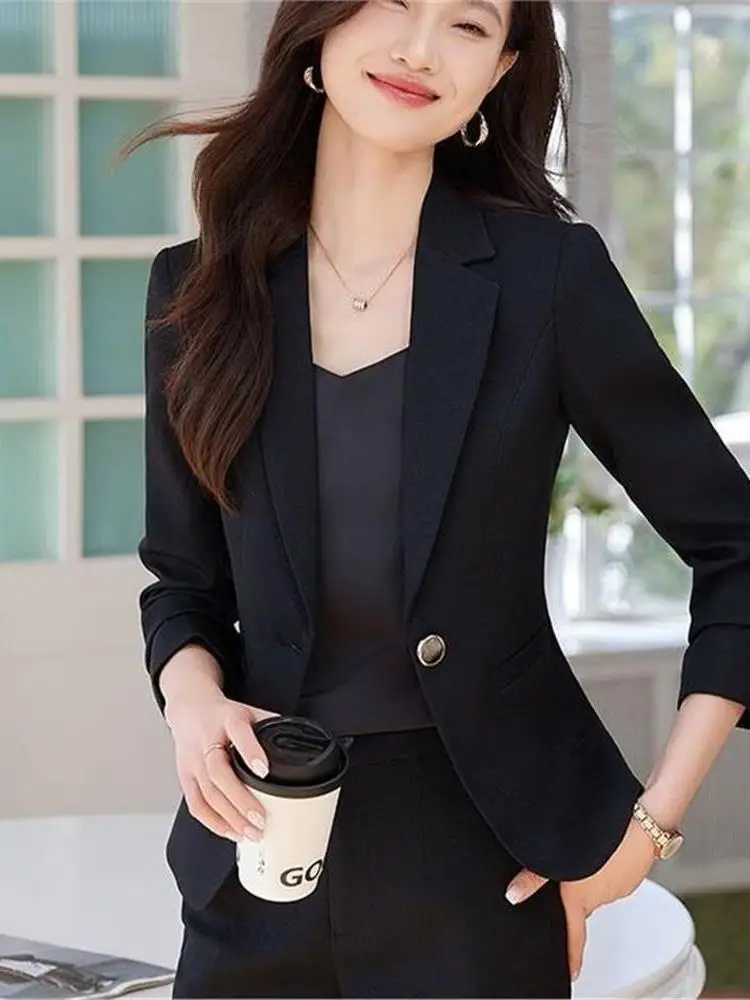 Anti-Aging Women's Long Sve Korean Sle Casual No-Ironing Busin Suit Jaet ort Length One Button Fastening