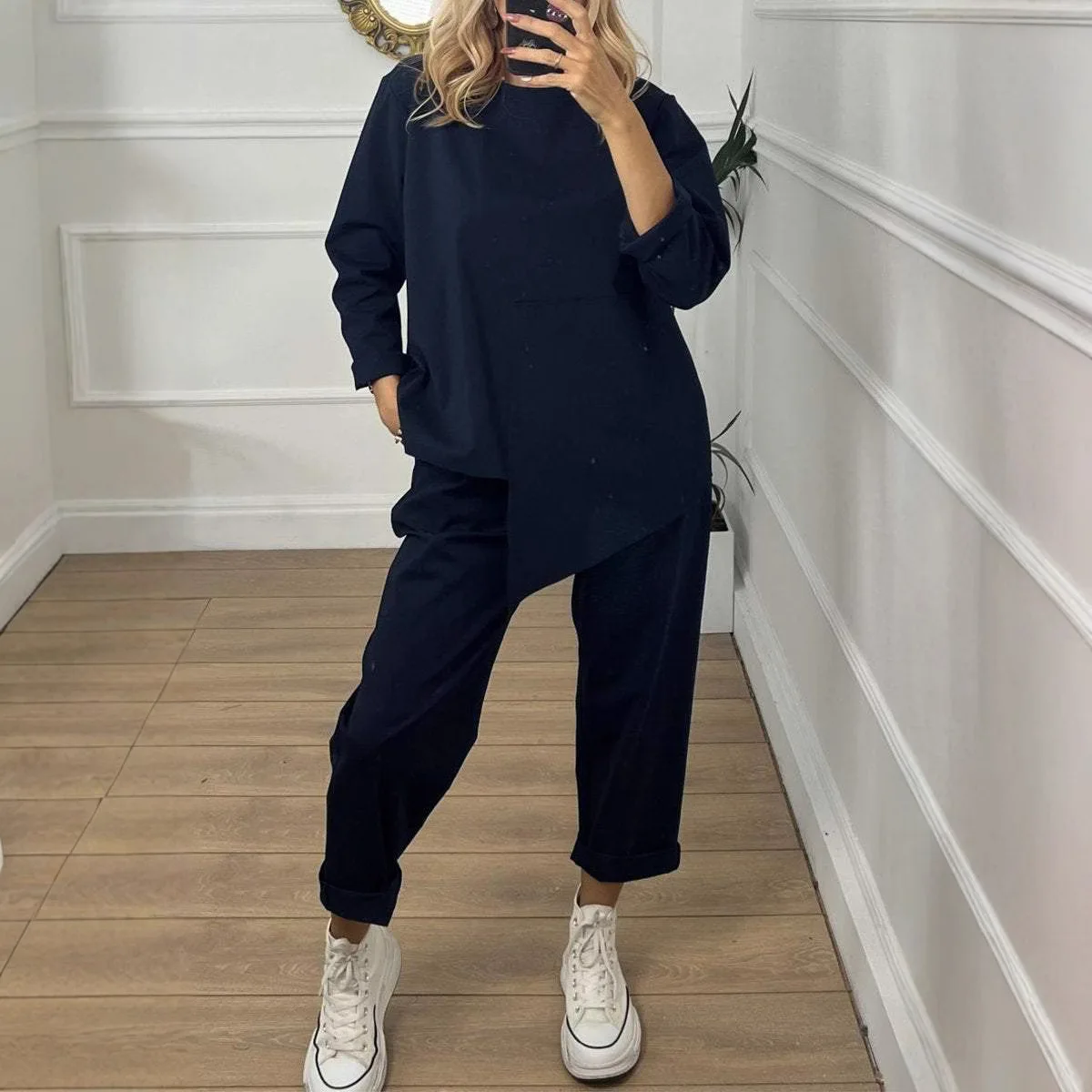 Fall Winter Solid Pullover Tops Two Piece Set Leisure Women O Neck Tops Long Pants Tracksuit Retro Loose Sport Suit Pant Sets