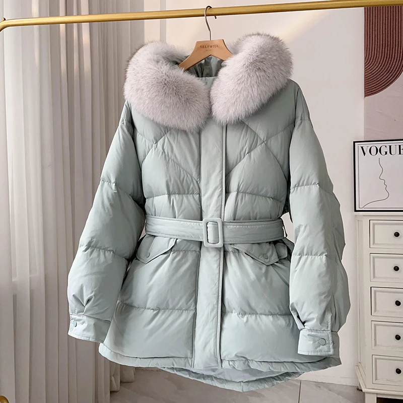 

Goose down Puffer Jaet with Fur Collar And Waist Belt Women's Coat Sli Korean Sle Thi Warm Winter Out...