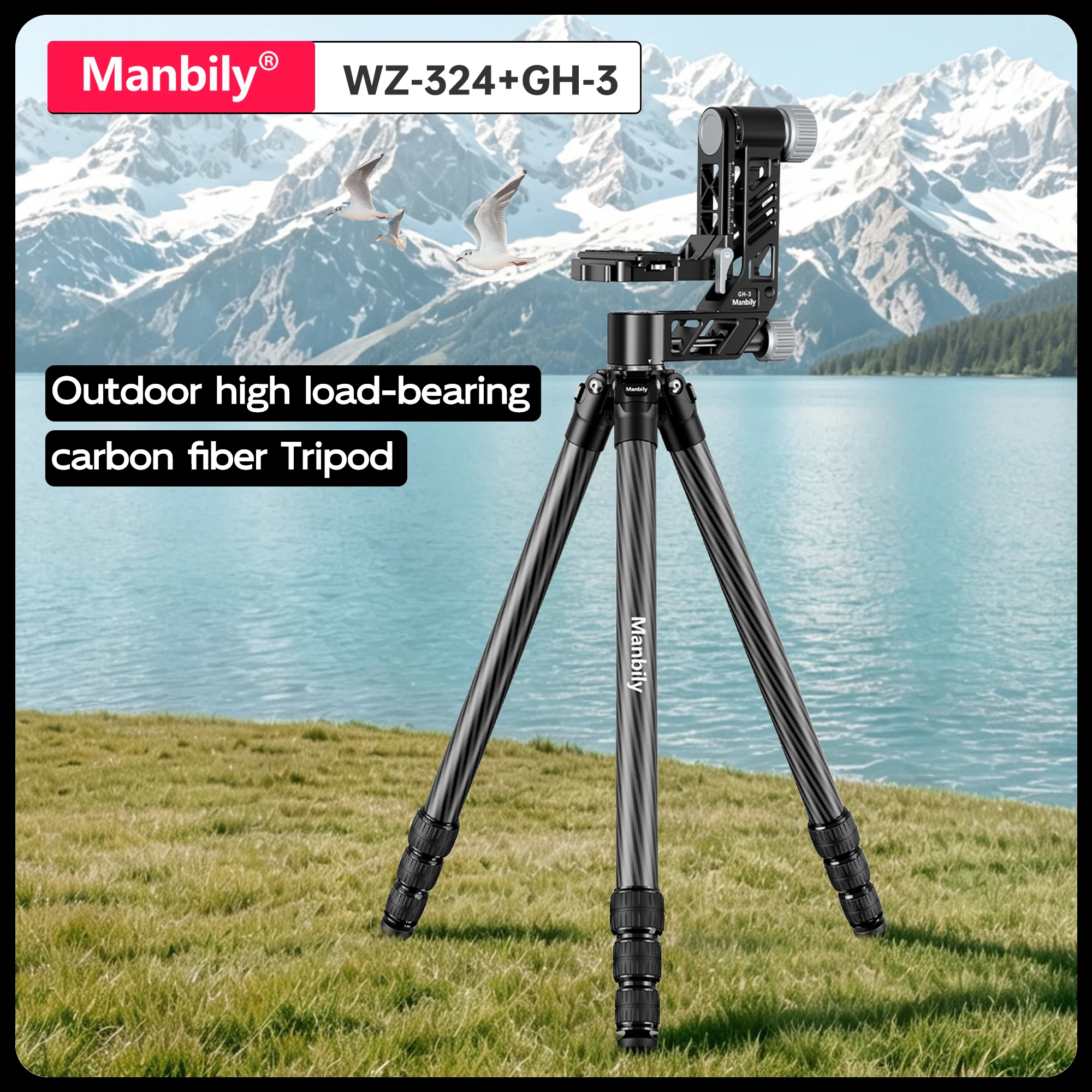 Manbily WZ-324+GH-3 170cm Professionelles Kohlefaser-Stativ für Vogelbeobachtung und Outdoor-Fotografie, Maximale Belastung 25kg