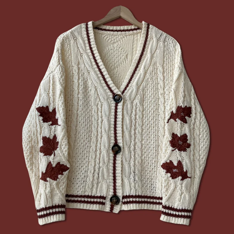 S-3XL Red Maple Leaf Cardigan Women Autumn Leaves Embroidered Oversized Cardigans Warm Soft Plus Size Knitted Sweaters Tops Y2k