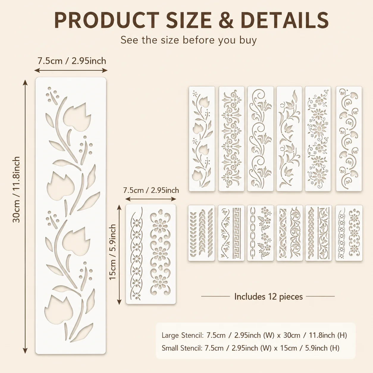 12Pcs 2.95x11.8in Floral Border Stencils Reusable PET DIY Painting Stencils Vine Pattern Craft Templates Wall Wood Fabric Decor - view 3