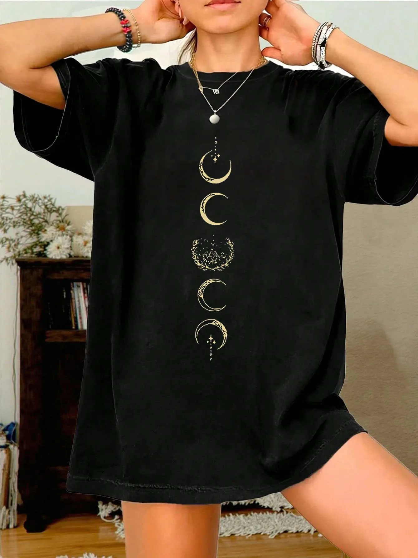 تي شيرت بمقاس كبير لمرحلة القمر السماوي لجذب الموضة الغامضة #1